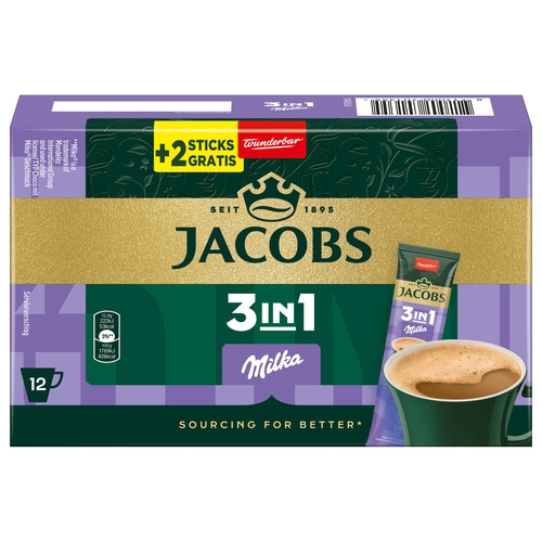 JACOBS Löskaffee 3in1 Milka®* 12x 10+2 Getränke Sticks löslicher Instantkaffee