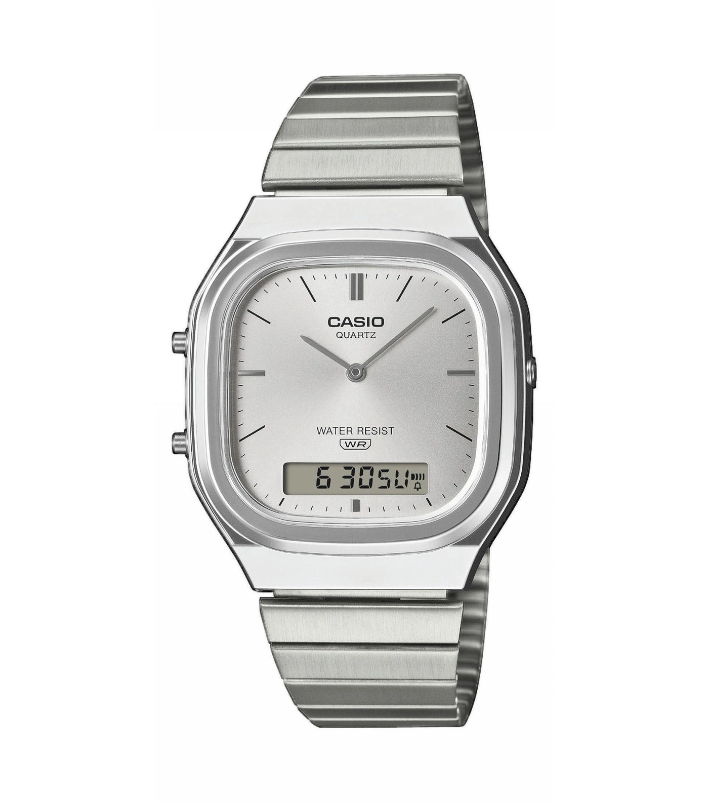 Silberne Casio Quarzuhr mit digitaler Anzeige und Metallarmband