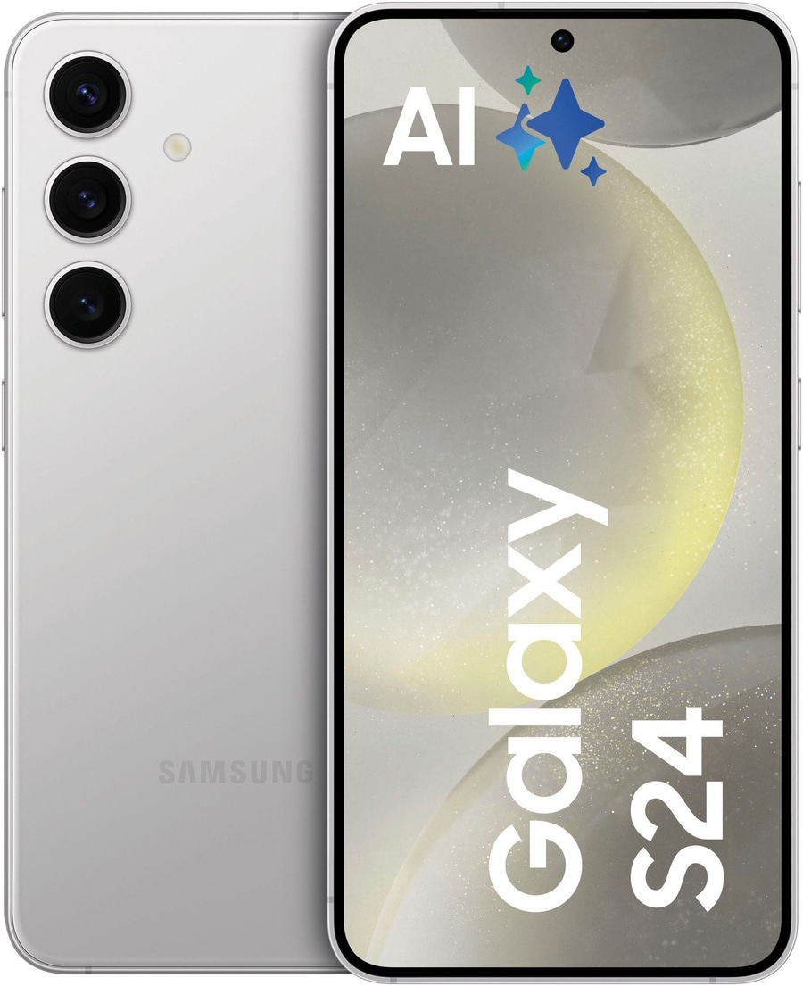 Samsung Galaxy S24 Smartphone mit AI-Logo und drei Kameras auf der Rückseite.
