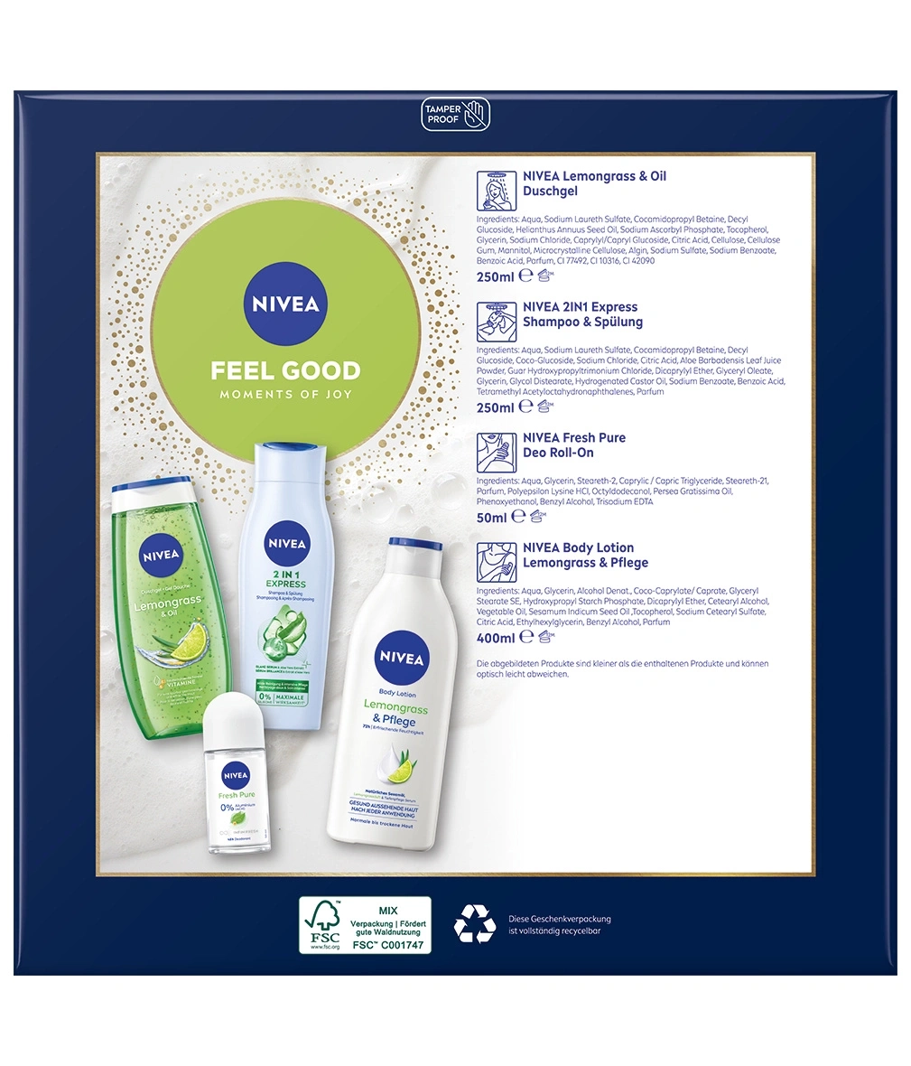 Verpackung mit Nivea Pflegeprodukten, Deklaration und FSC-Siegel.