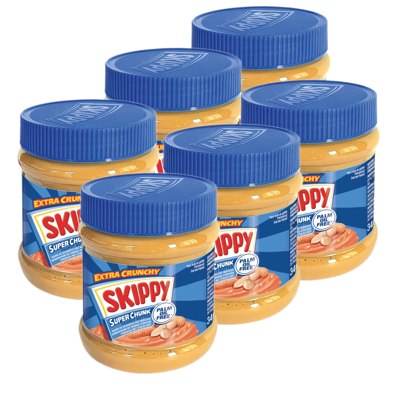 Sechs Gläser Skippy Erdnussbutter mit blauen Deckeln, im Vordergrund sind zwei Gläser