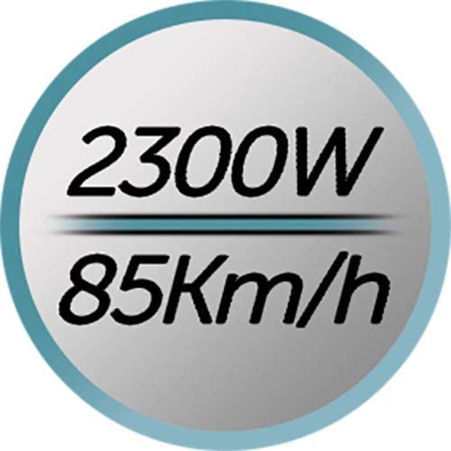 Kreis mit Text: 2300W, 85Km/h, blau-grau