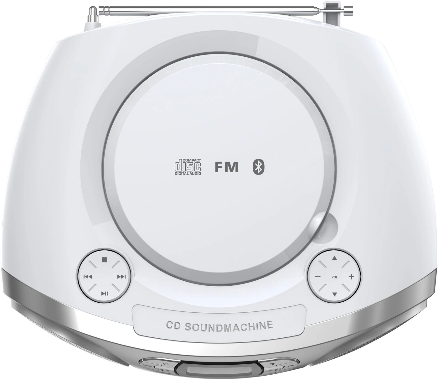 Weiße CD-Soundmaschine mit FM-Radio und Bluetooth-Symbol