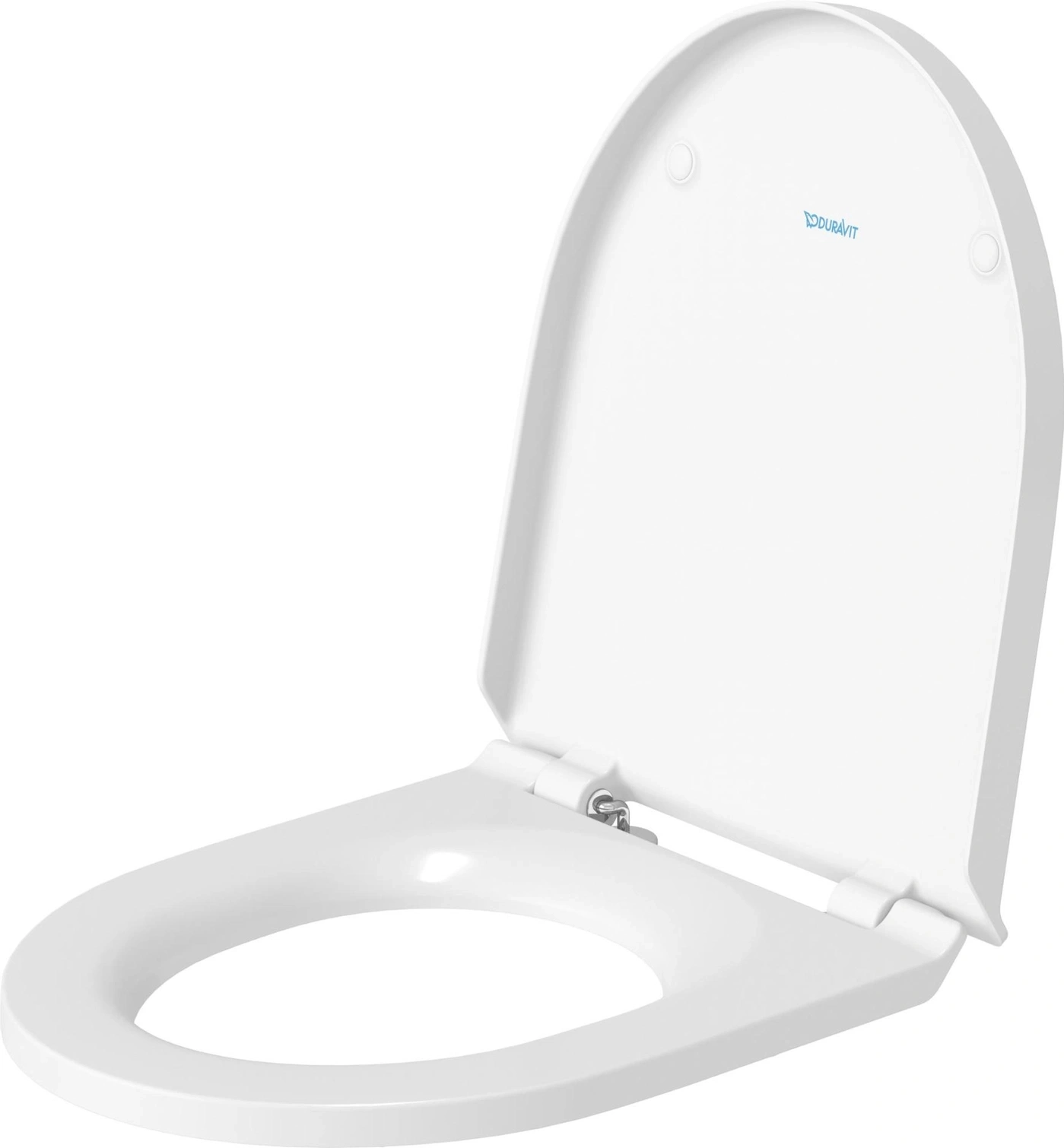 Ein weißer Toilettensitz mit offenem Deckel, der Duravit-Logo ist sichtbar.