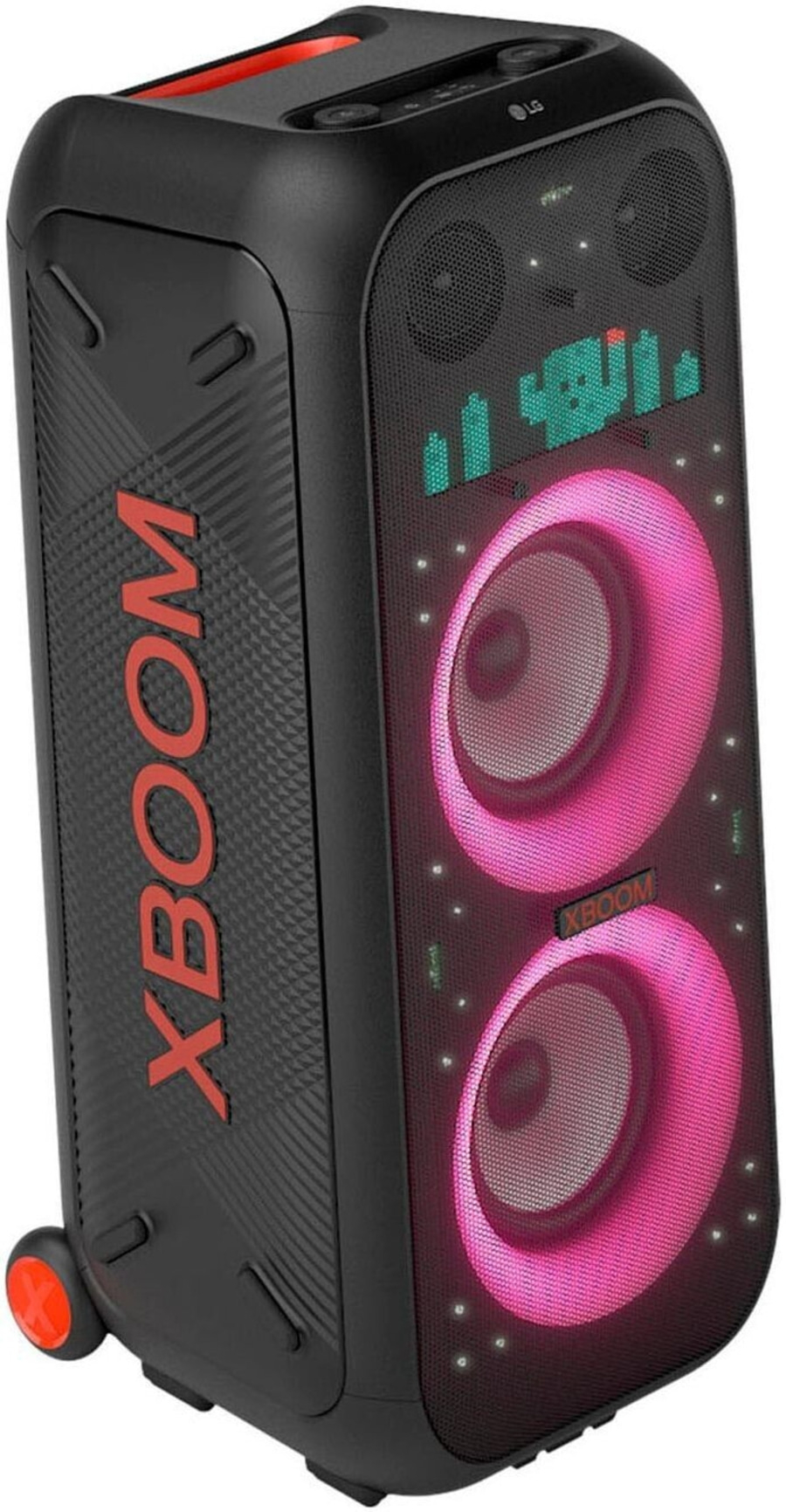 Schwarzer Lautsprecher mit rosa Lichtern und XBOOM-Logo. Tragbarer Party-Lautsprecher.