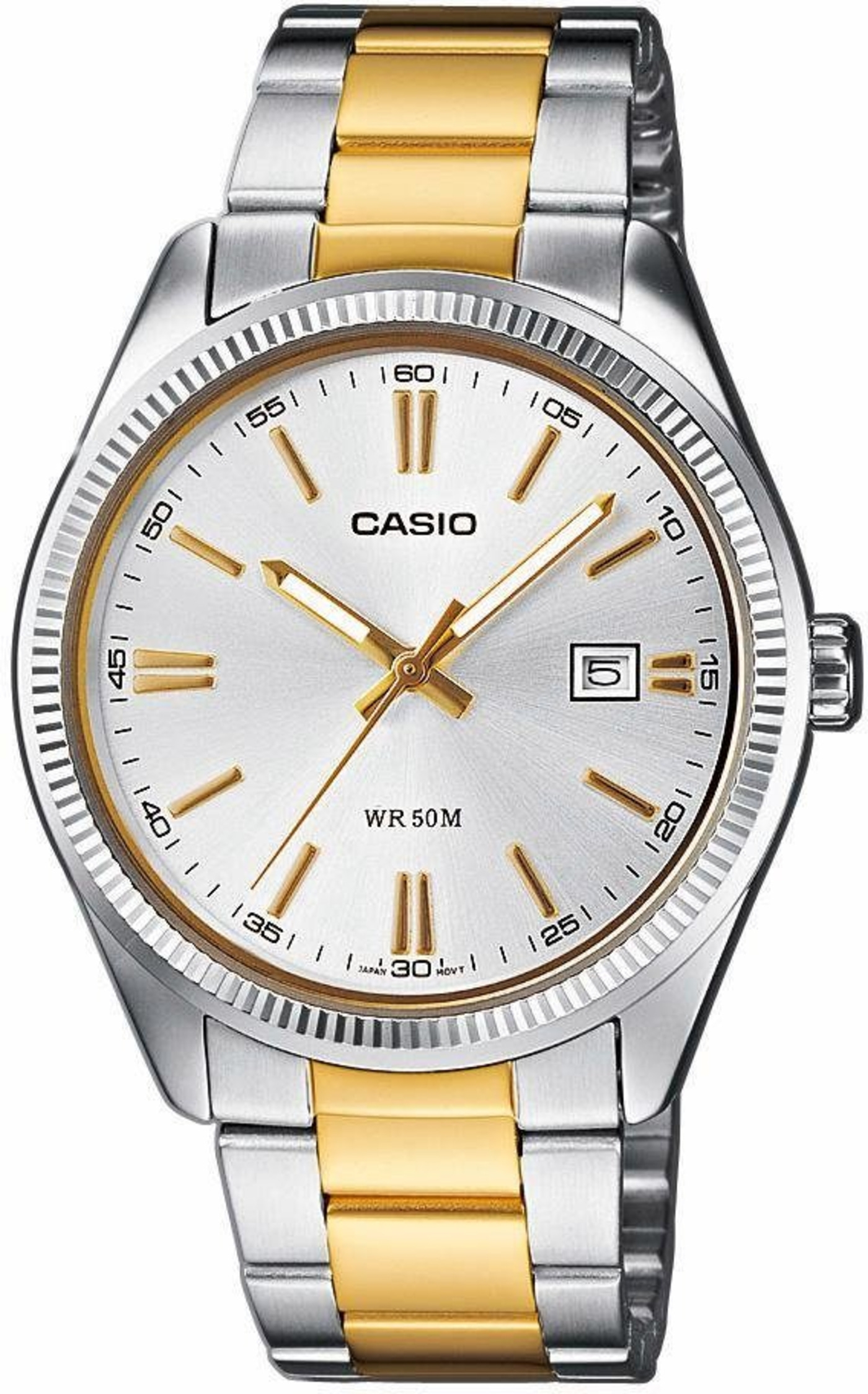 Casio-Uhr mit silbernem Zifferblatt und goldenen Akzenten, Datum