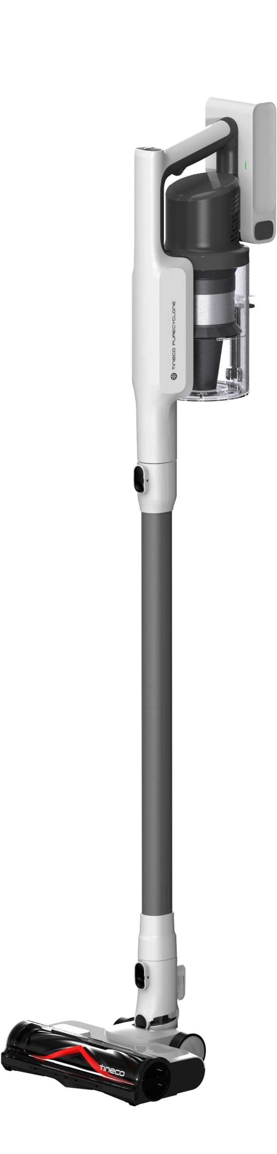 Weißer Staubsauger mit grauem Stiel und schwarzem Bürstenkopf, Tineco-Marke.