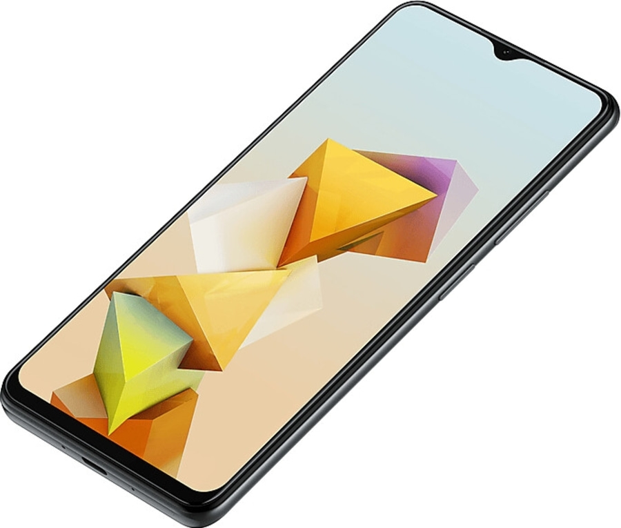 Smartphone mit geometrischem Hintergrund, schwarzer Rahmen, modernes Design, Technologie