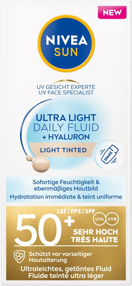 Nivea Sonnencreme, Ultra Light Daily Fluid, Licht getönt, LSF 50+, Gesichtspflege, Hyaluron