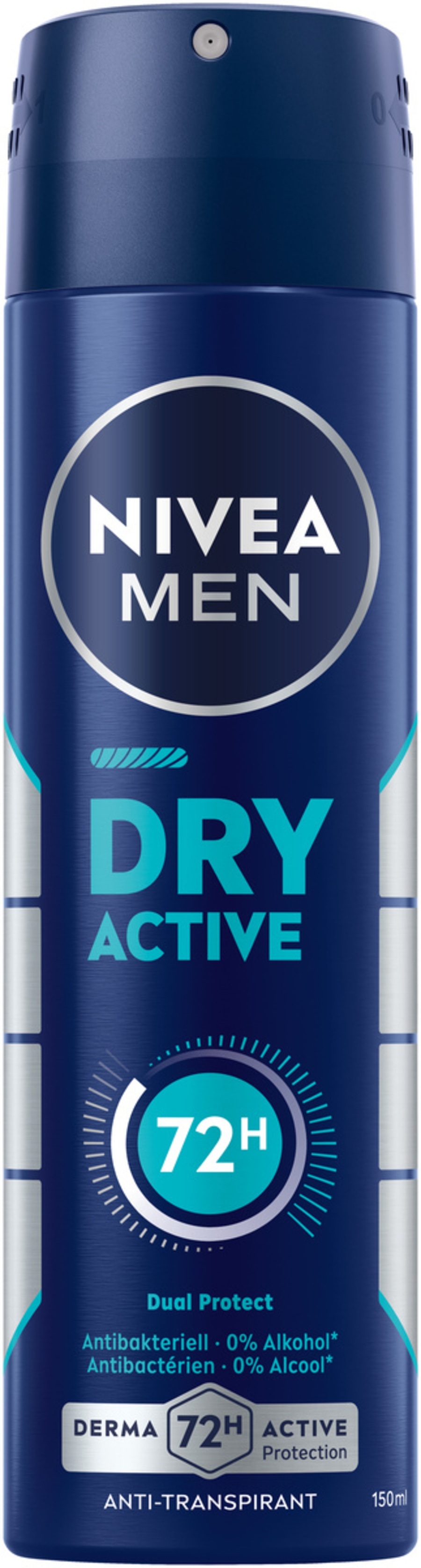 Nivea Men Dry Active Antitranspirant, 72H Schutz, 150ml, Antibakteriell, 0% Alkohol