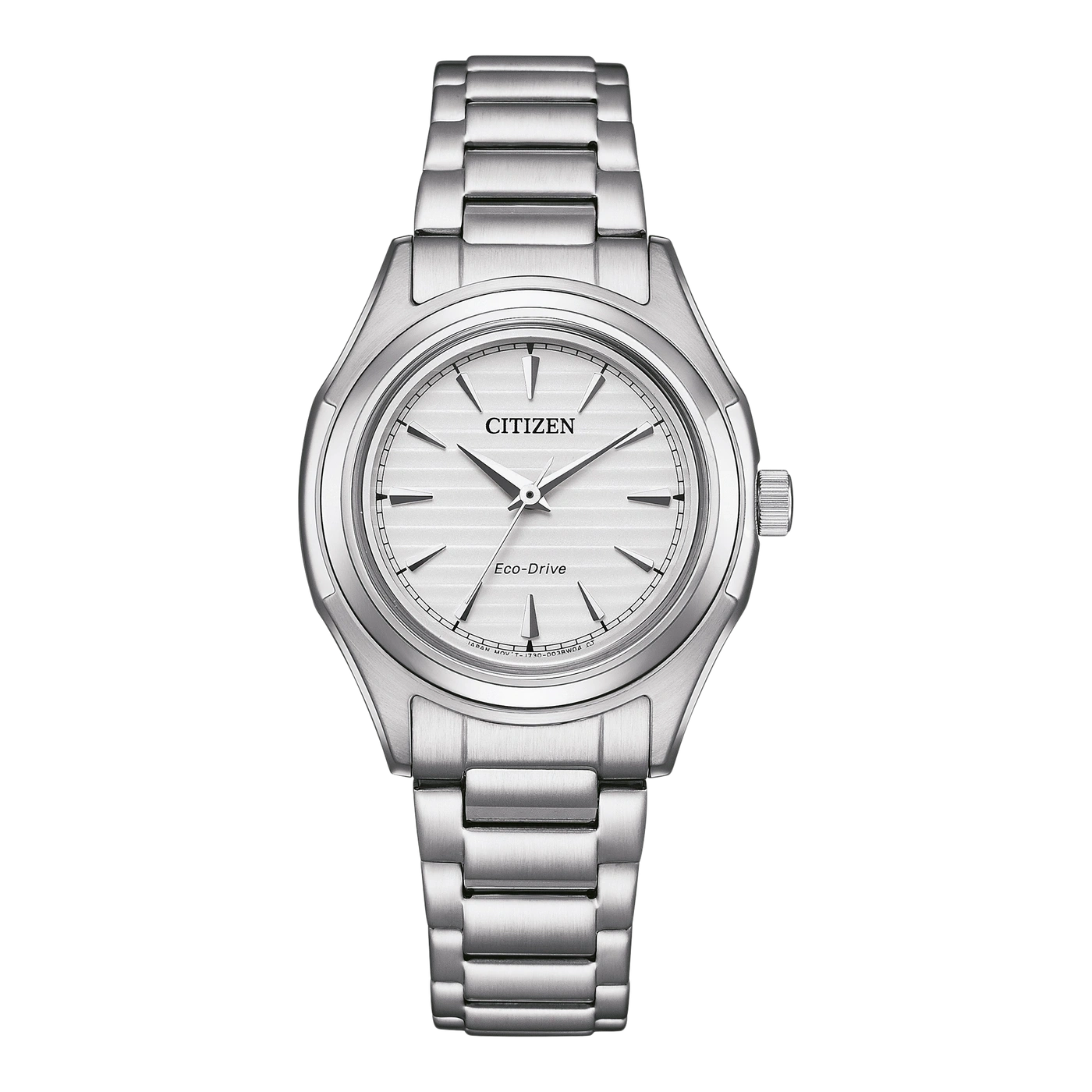 Citizen-Uhr mit silbernem Armband und weißem Zifferblatt, Eco-Drive-Technologie.