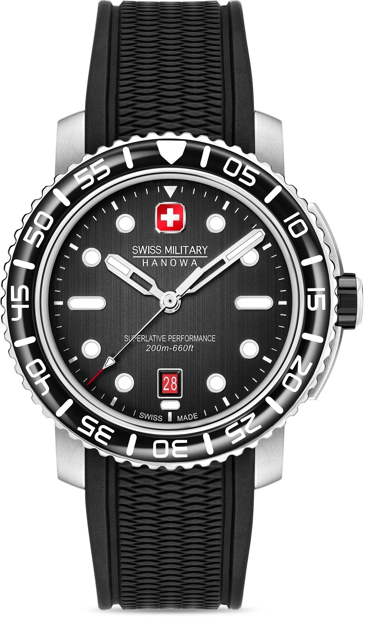 Eine schwarze Swiss Military Hanowa Armbanduhr mit silbernen Zeigern und Datum.