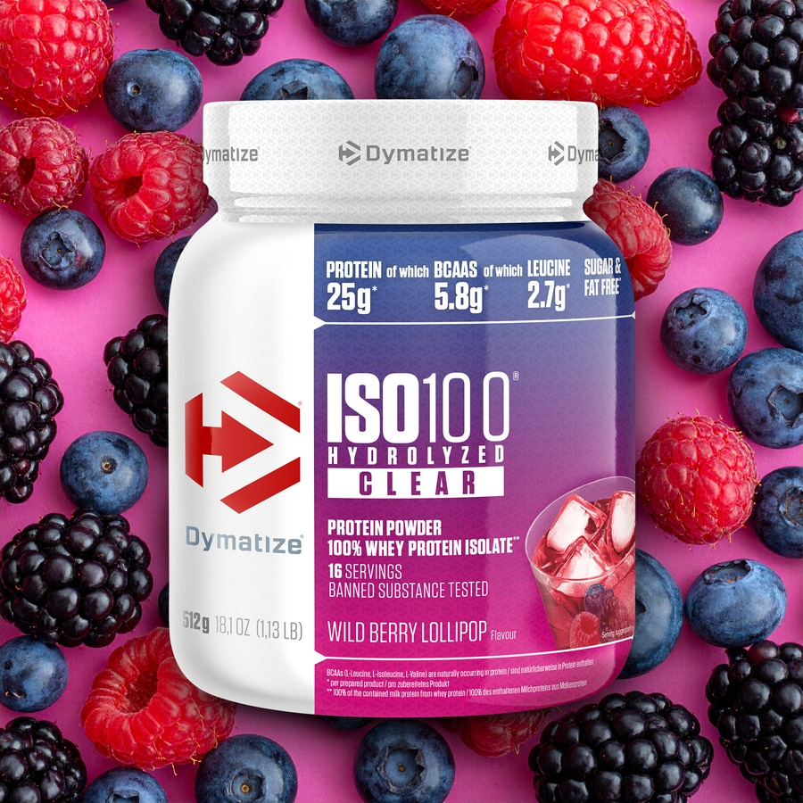Dymatize ISO100 Wild Berry Lollipop Protein Pulver mit Beeren und Lollis