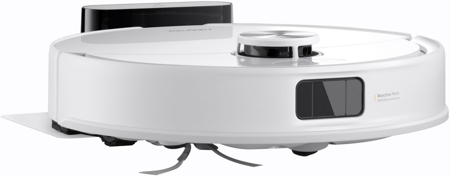 Ein weißer Saugroboter mit schwarzem Lidar-Turm und Obstacle Avoidance Sensor