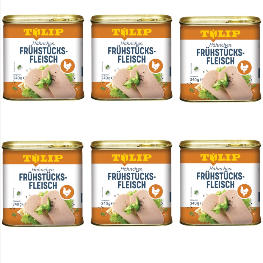 Sechs Dosen Hähnchen Frühstücksfleisch der Marke Tulip, 340g pro Dose.