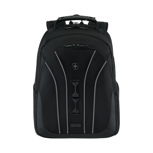 Schwarzer Rucksack mit Schweizer Kreuz, Reißverschlüssen und reflektierenden Streifen.