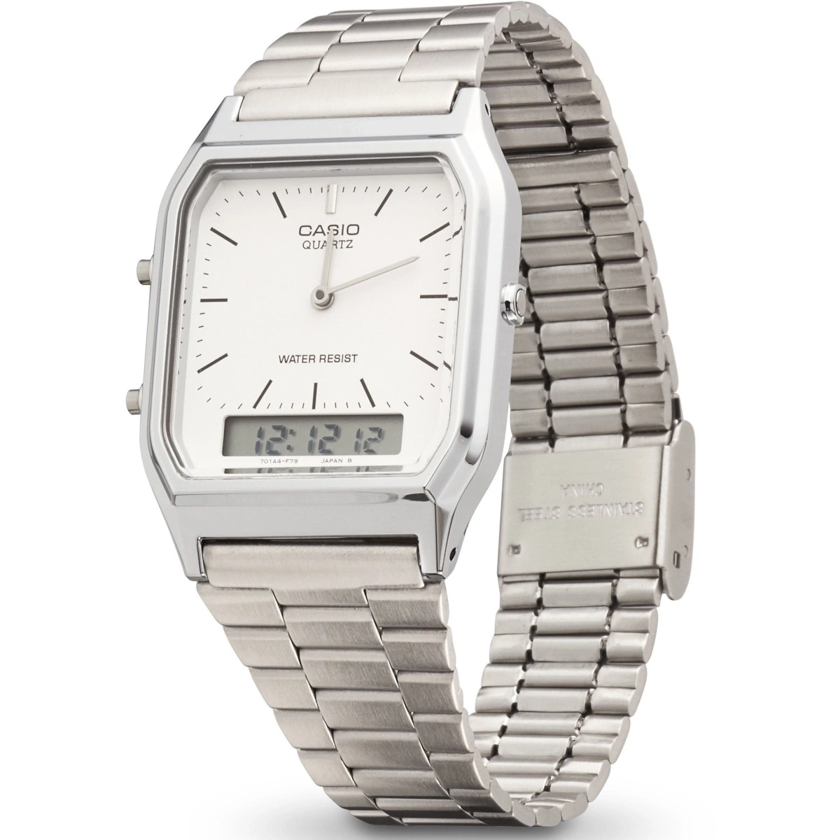 Silberne Casio Uhr mit weißem Zifferblatt und digitaler Anzeige