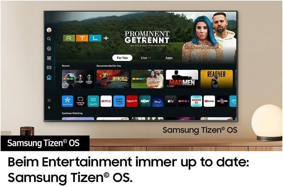 Fernseher mit Samsung Tizen® OS, Apps, Streaming-Diensten und der Aufschrift 'Samsung Tizen® OS'.