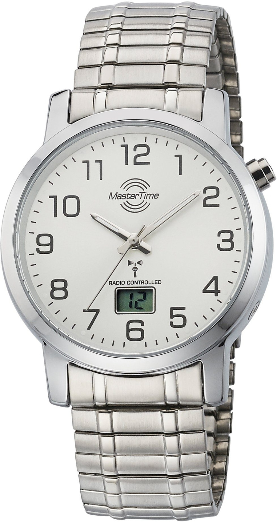 Silberne MasterTime-Uhr mit digitaler Anzeige und Armband, die Zeit anzeigend.