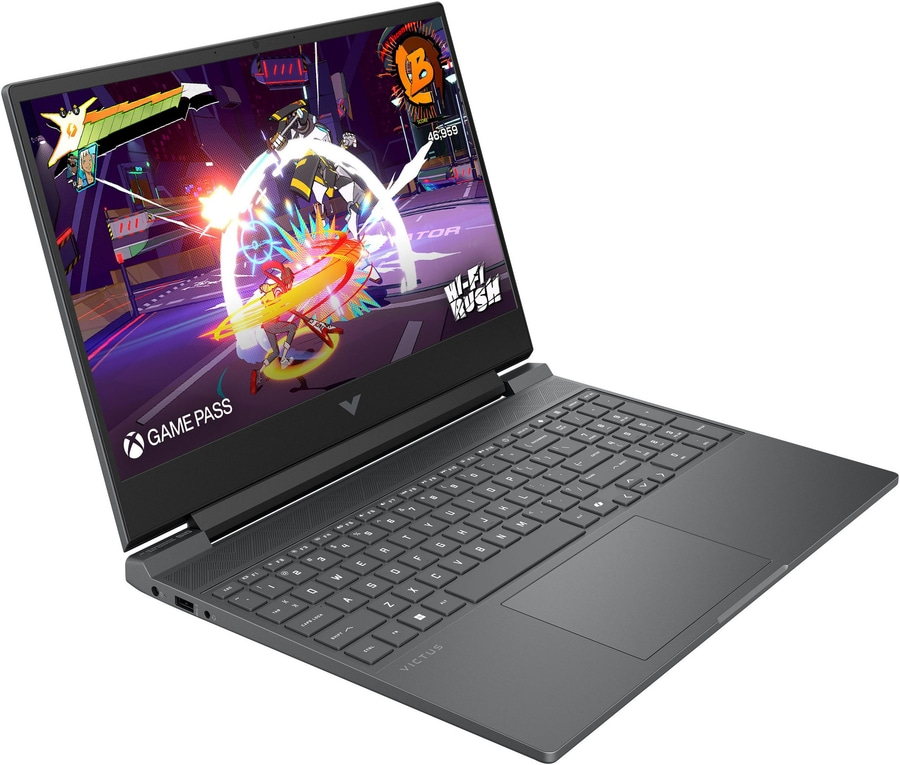 Ein schwarzer HP Victus Laptop mit auf dem Bildschirm laufendem Spiel Wi-Fi Rush