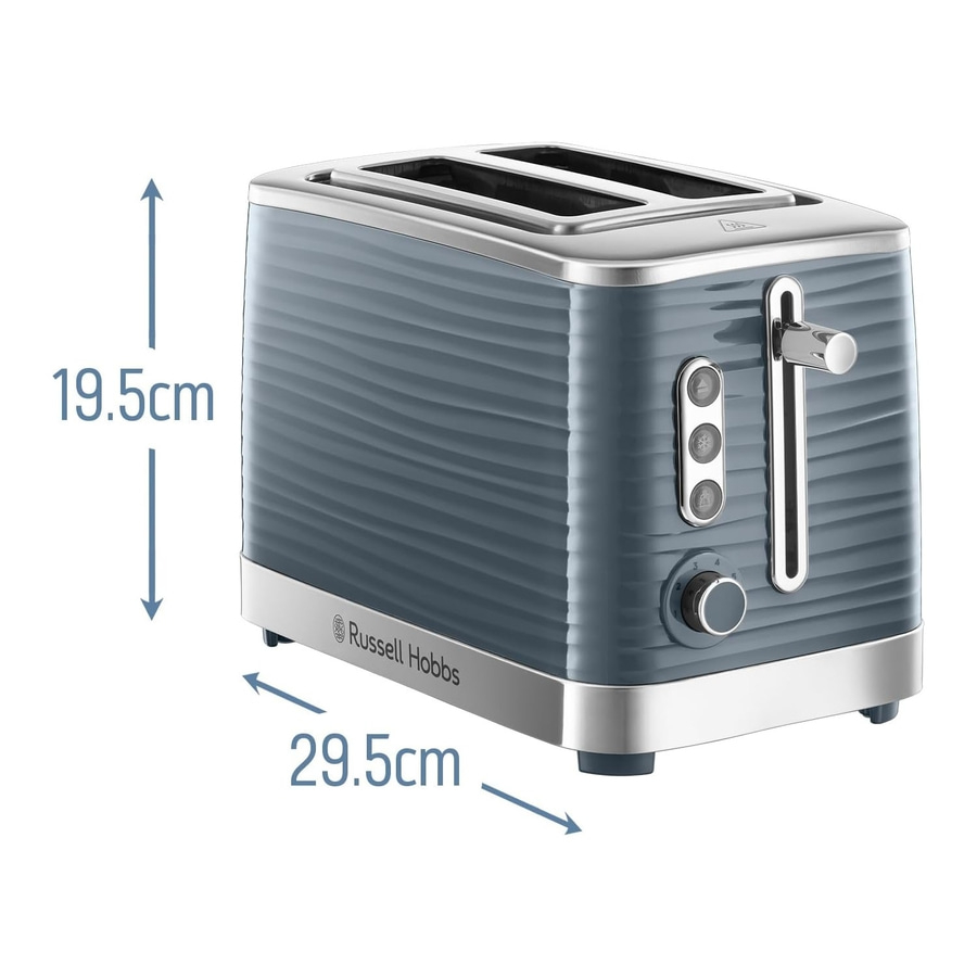 Blauer Toaster mit den Maßen 19,5 cm x 29,5 cm, Marke Russell Hobbs.