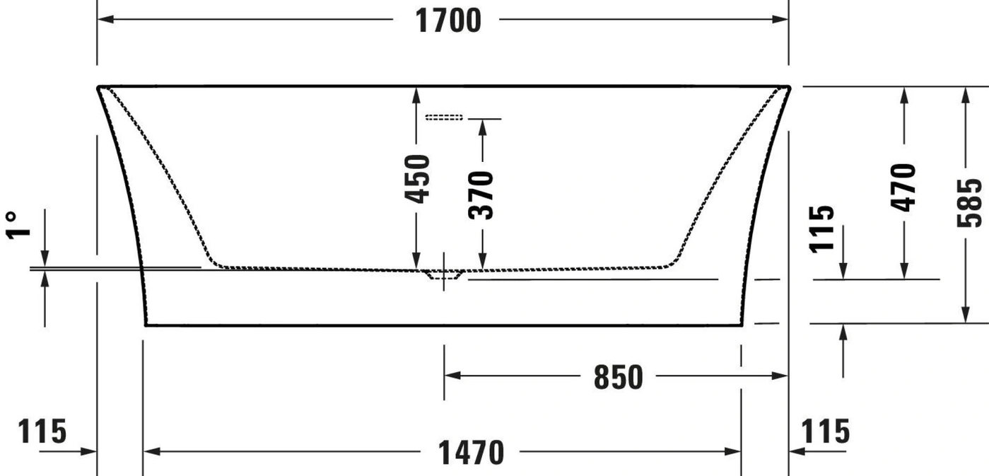 Badewanne mit Maßen: 1700x850x585mm, 1° Neigung, 115mm Rand