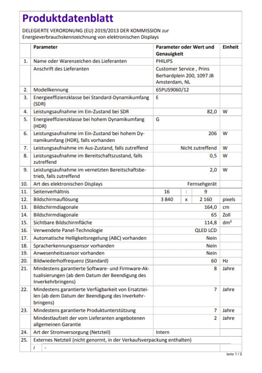 Produktdatenblatt mit technischen Daten zu Energieeffizienz, Bildschirm und Funktionen.