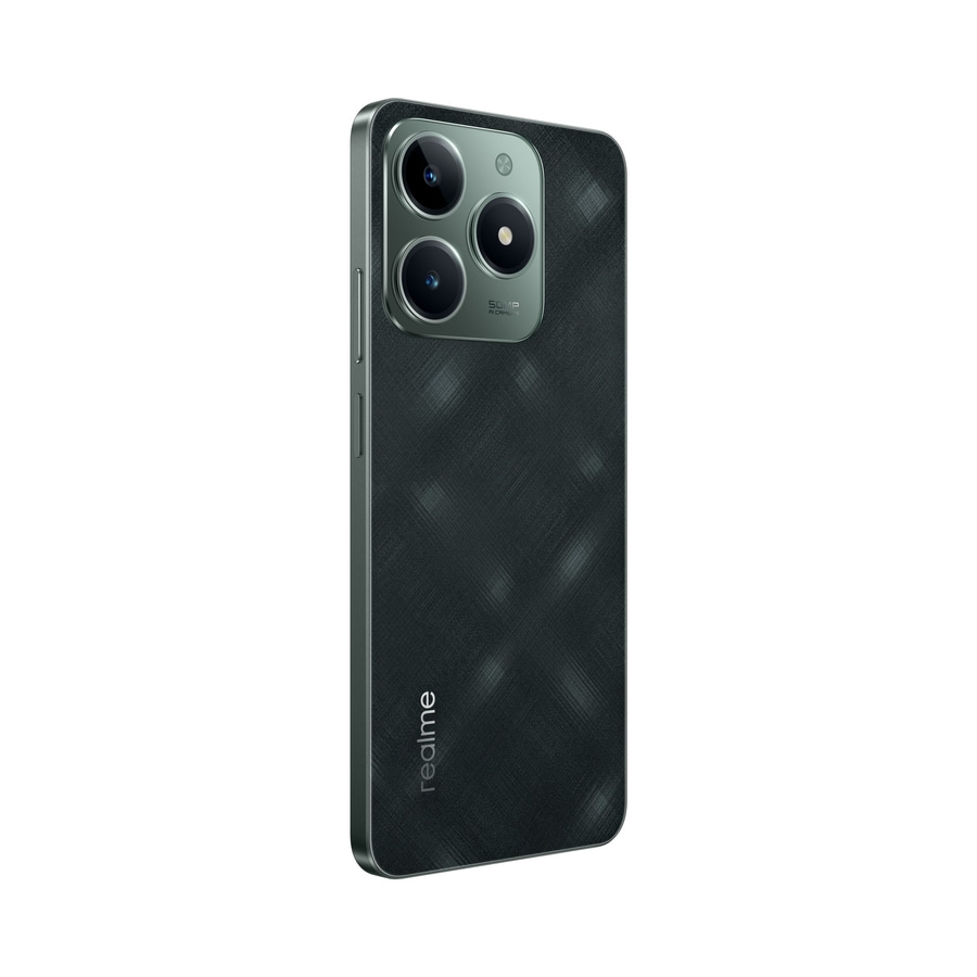 Rückseite eines schwarzen Realme Smartphones mit drei Kameras und Realme Logo