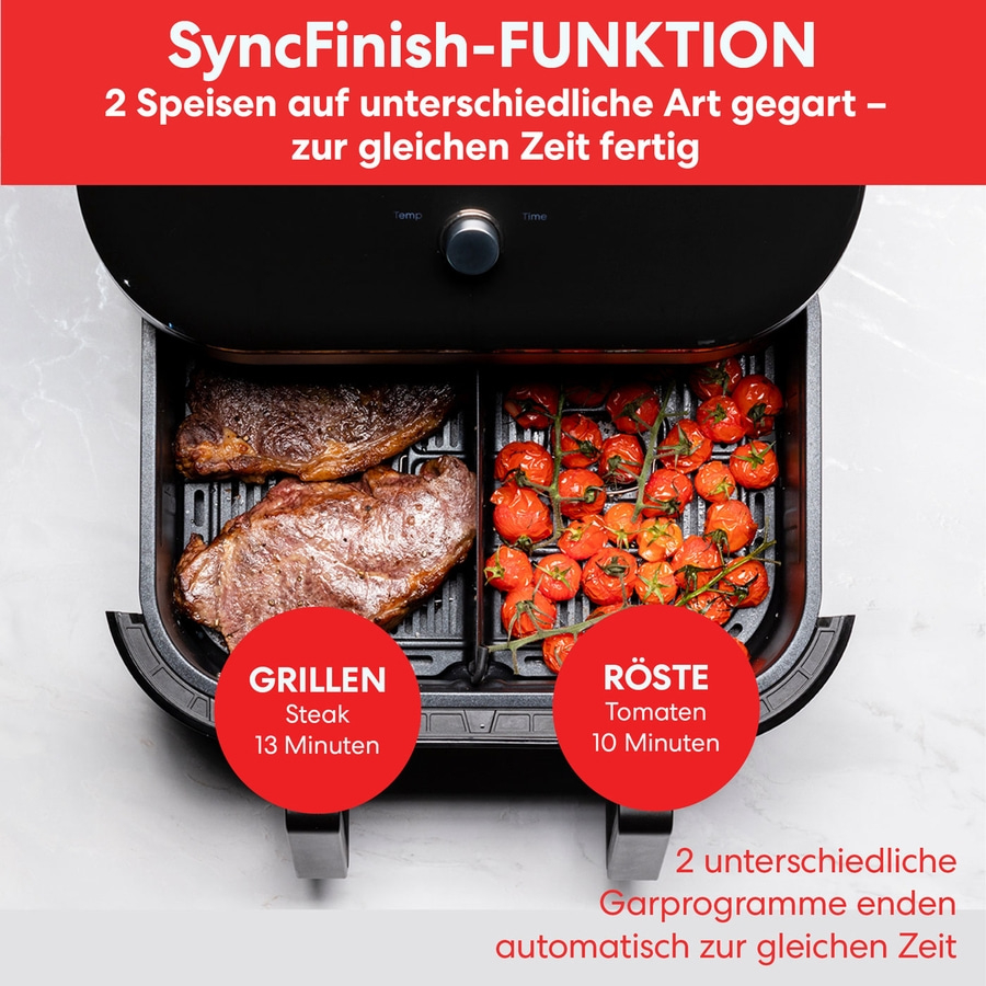Airfryer mit zwei Fächern, Steak und Tomaten, Grillen und Rösten, SyncFinish-Funktion