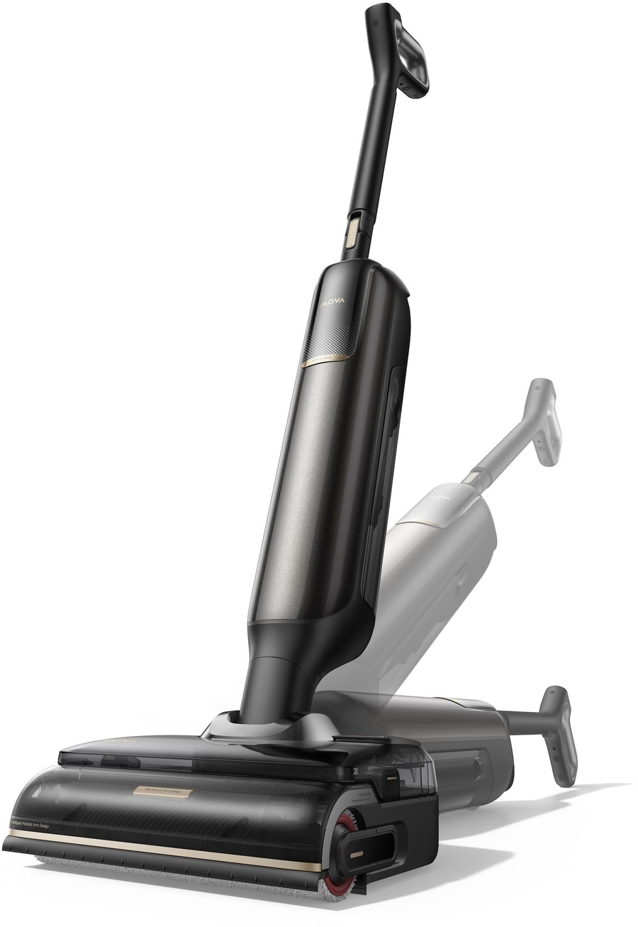 Ein moderner kabelloser Bodenreiniger mit transparentem Gehäuse und schlankem Griff.