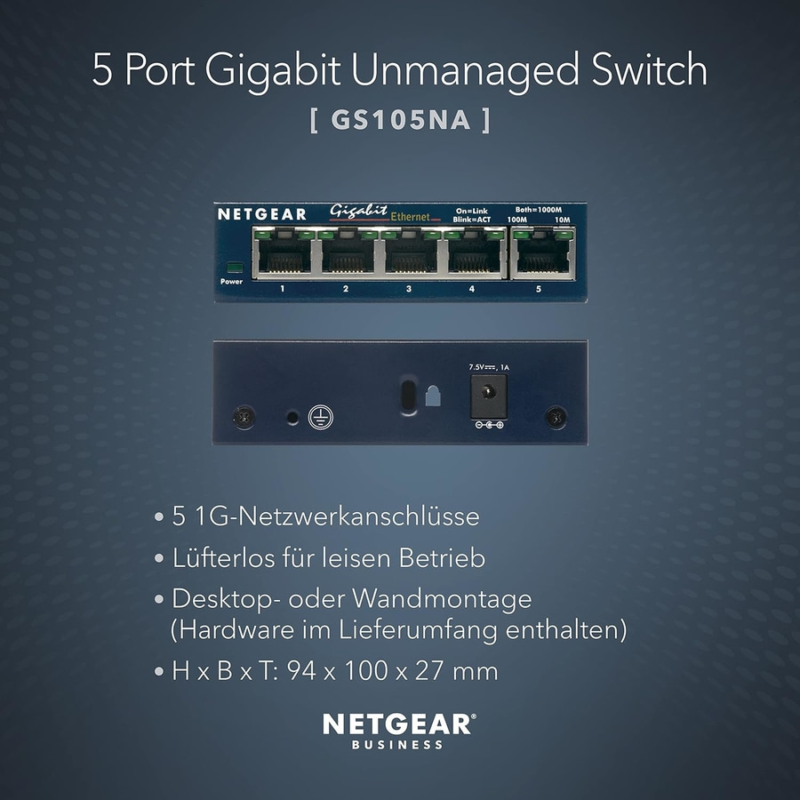NETGEAR 5 Port Gigabit Ethernet Switch GS105 1Gbit/s Switch Unmanaged NEU