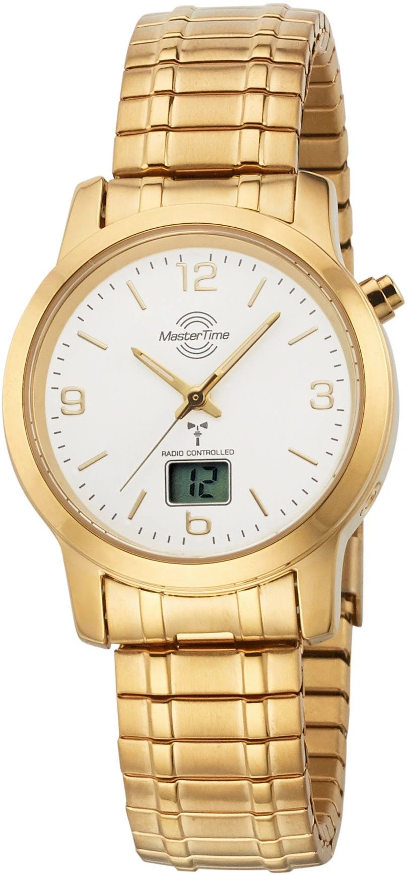 goldene MasterTime Funkuhr mit weißem Zifferblatt und digitaler Anzeige