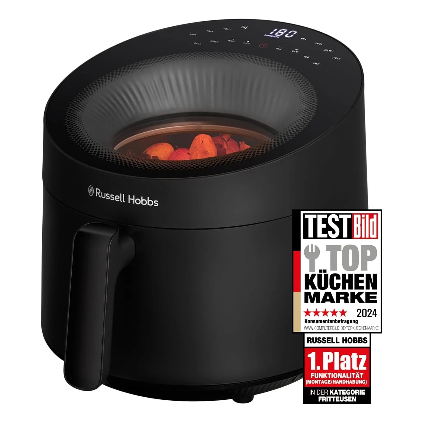 Schwarze Russell Hobbs Heißluftfritteuse mit Bedienfeld und Auszeichnung.