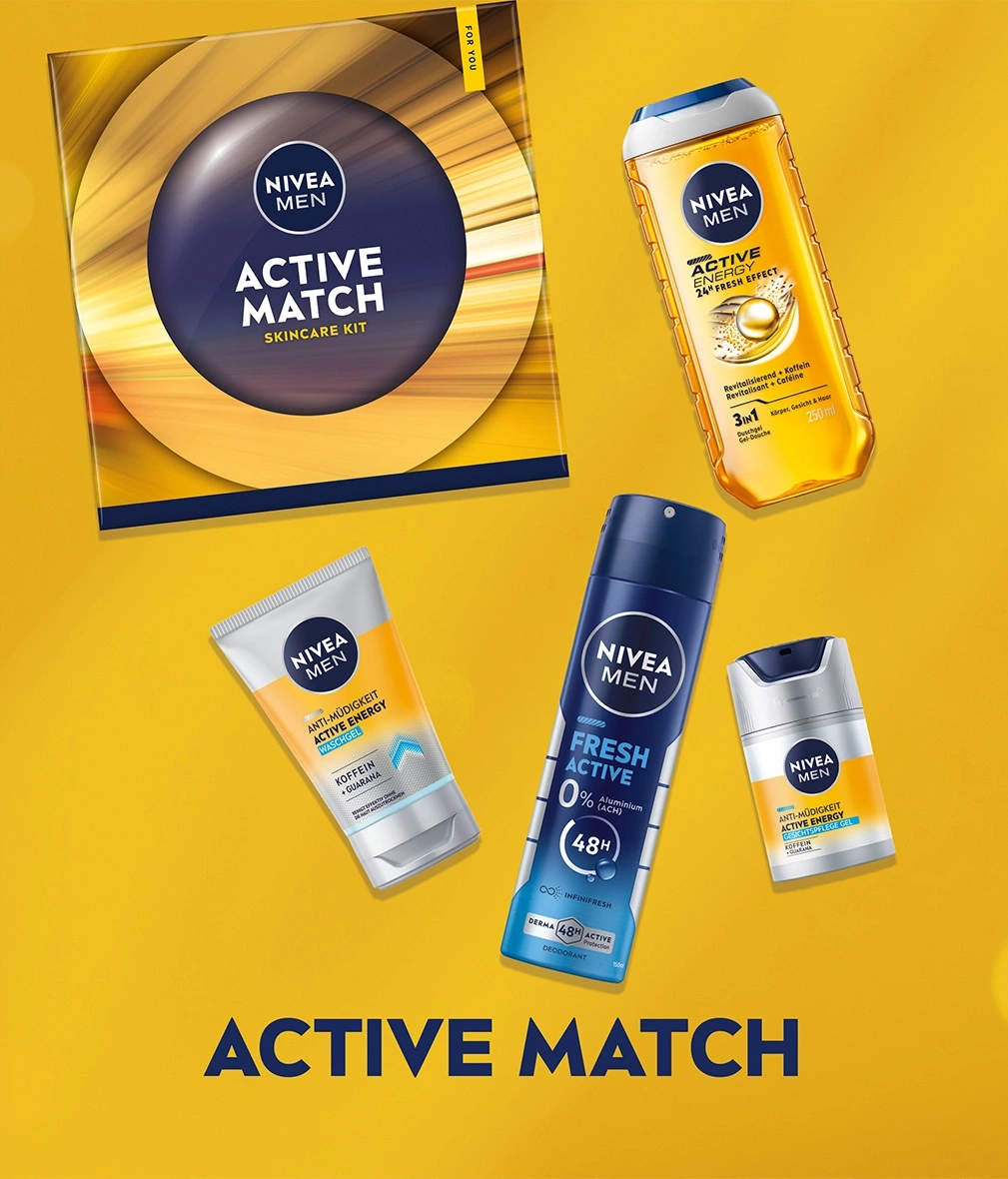 Nivea Men Active Match Geschenkset mit Duschgel, Waschgel und Deodorant.