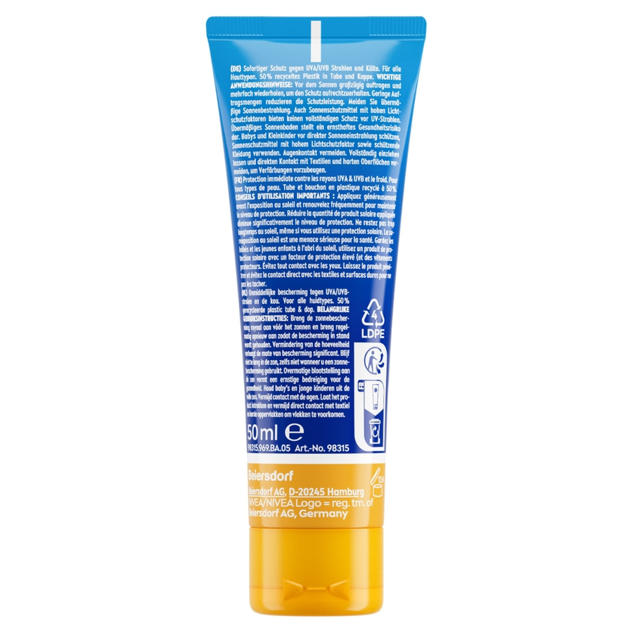 Sonnencreme-Tube mit blauer Kappe, Text und Logo von Beiersdorf, 50ml, UVA/UVB-Schutz