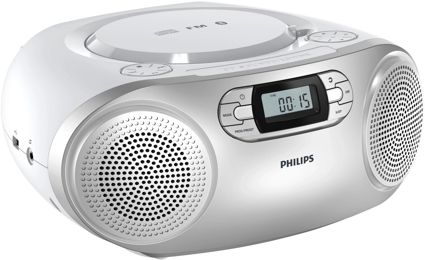 Ein weißer Philips CD-Soundmachine mit Lautsprechern und Display.