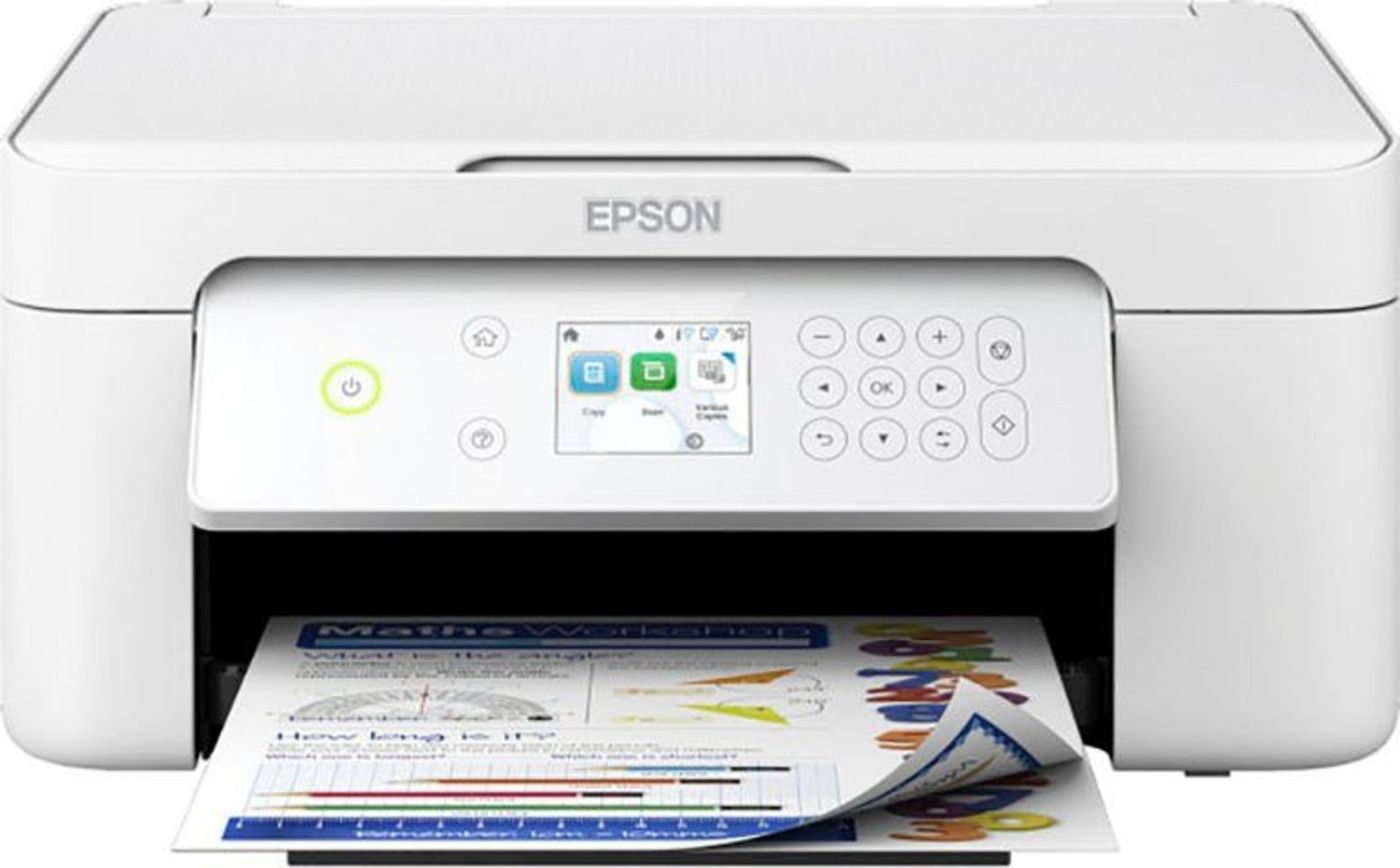 Weißer Epson-Drucker mit Bedienfeld und gedrucktem Papier. Bürogerät.