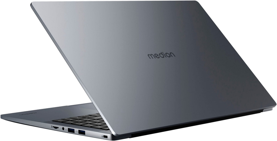 Ein graues Medion Laptop mit geöffnetem Bildschirm und Tastatur.