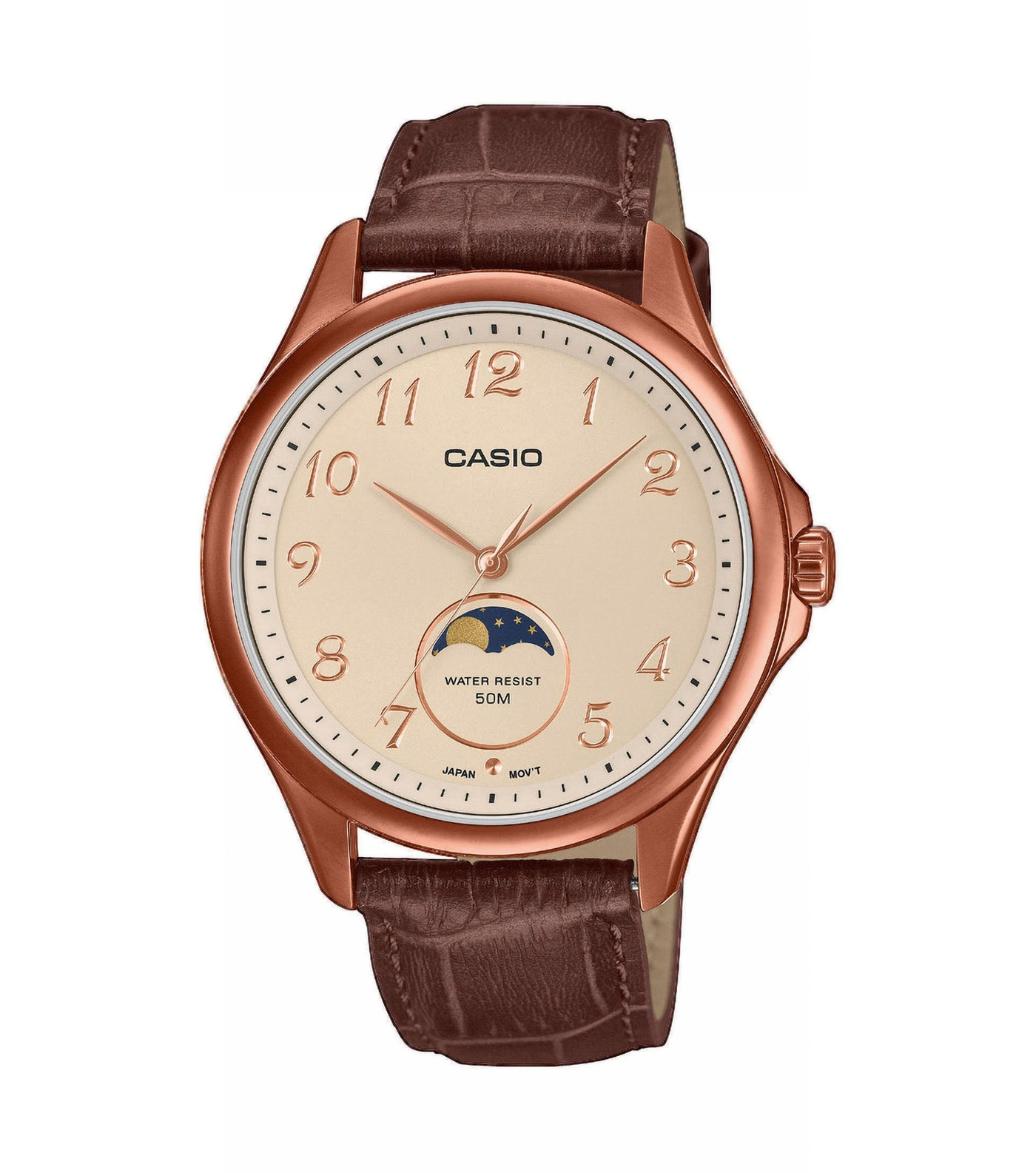 Eine roségoldene Casio-Armbanduhr mit braunem Lederarmband und Mondphasenanzeige