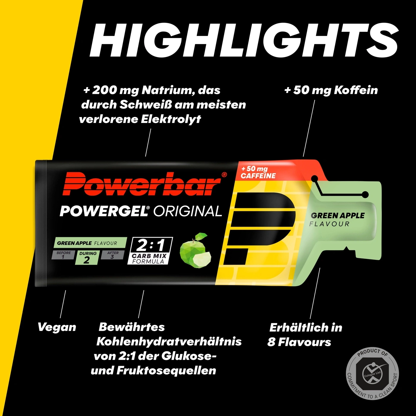 Powerbar mit grüner Apfelgeschmack, vegan, mit Koffein und Natrium, 2:1 Kohlenhydratmix.