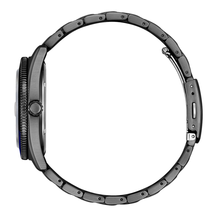 Uhr mit schwarzem Armband, Seitenansicht, Detailaufnahme, isoliert auf weißem Hintergrund