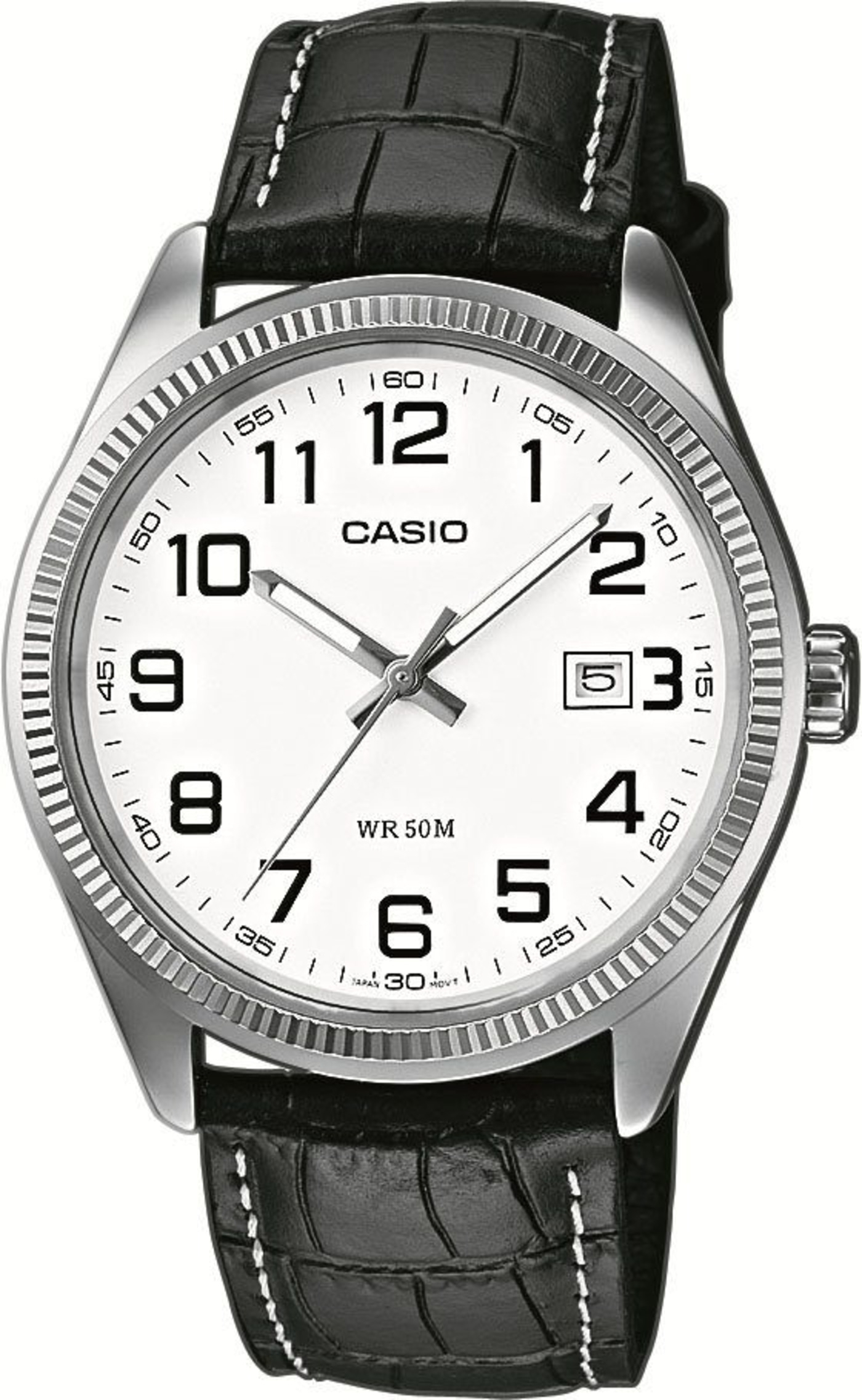 Casio-Uhr mit weißem Zifferblatt, schwarzem Lederarmband und Datumsanzeige.