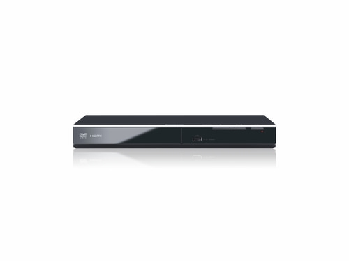 DVD-Player mit HDMI-Anschluss, USB-Anschluss und roter Betriebsanzeige auf weißem Hintergrund.