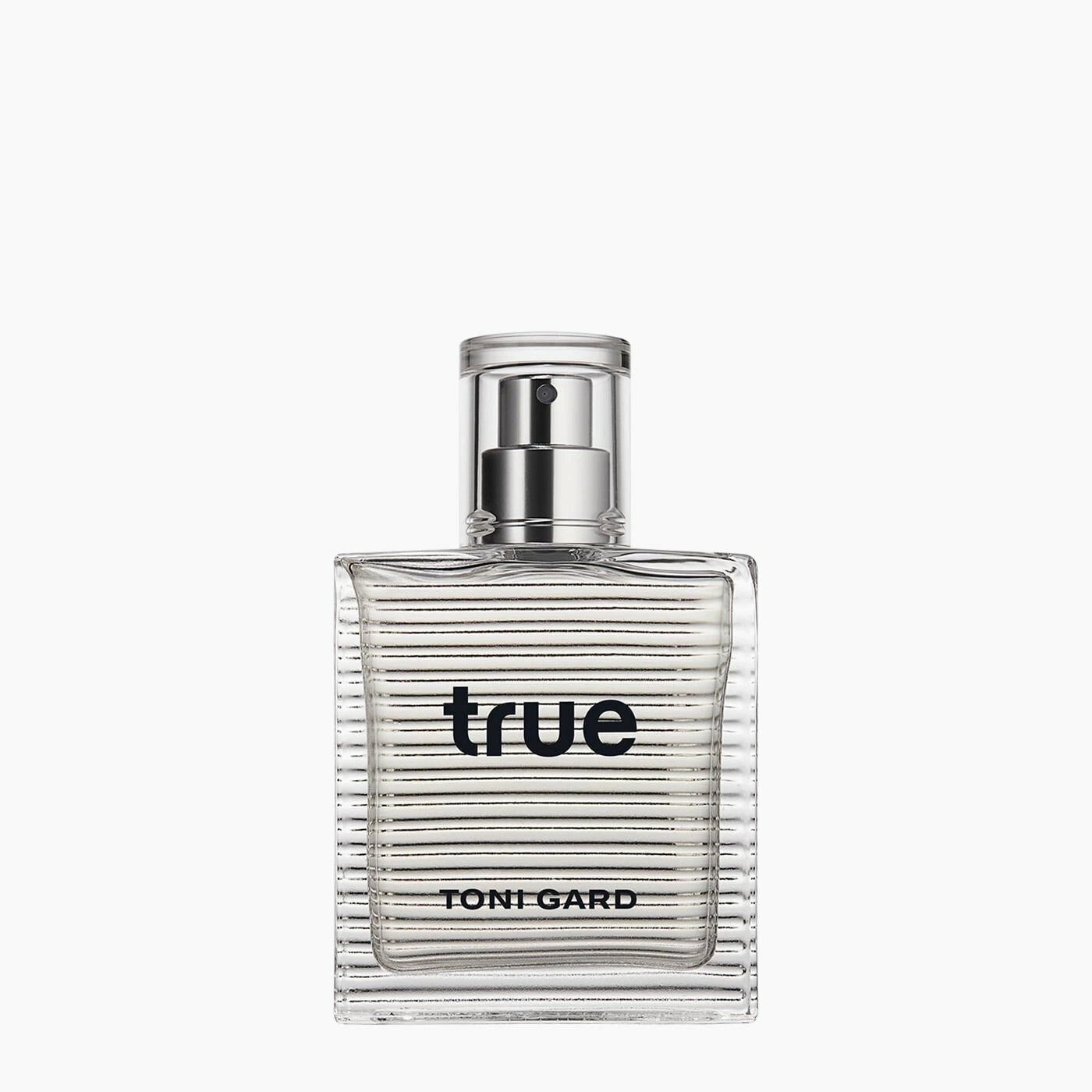 Parfümflasche mit dem Wort 'true' und dem Namen 'TONI GARD' auf weißem Hintergrund.