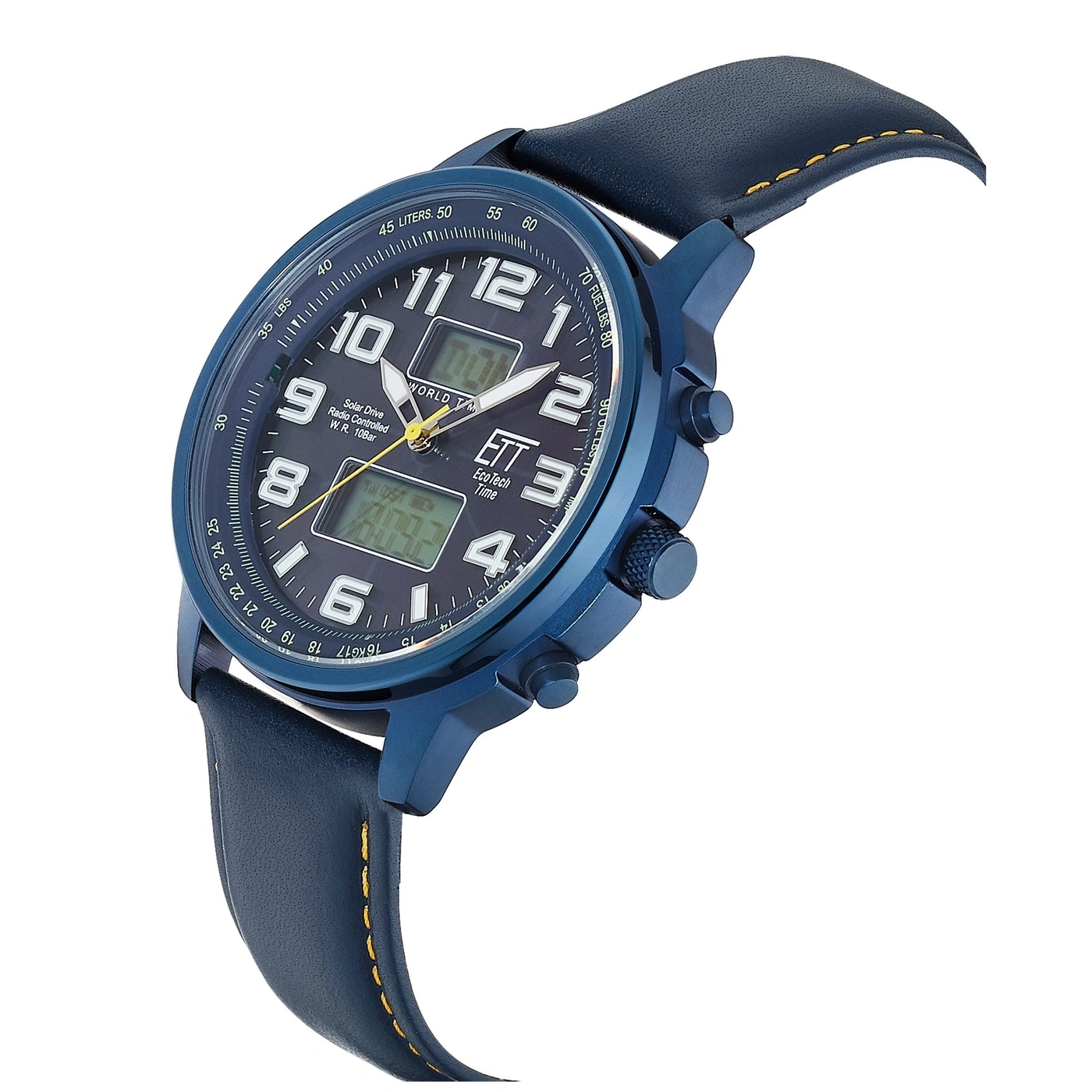 Uhr mit blauem Lederarmband und digitalem Display
