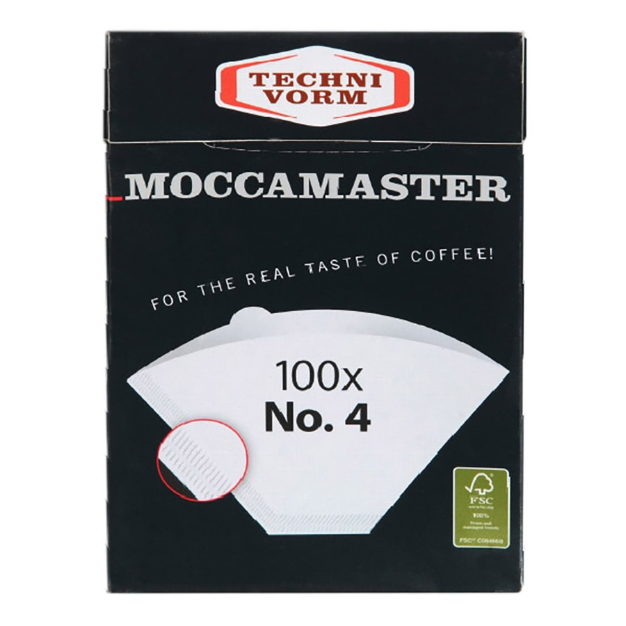 Kaffeefilterpackung mit Aufschrift 'MOCCAMASTER' und '100x No. 4' für echten Kaffeegeschmack.