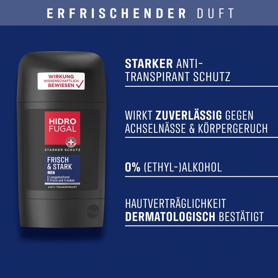 Deodorant Hidro Fugal, starker Schutz, frisch und stark, Anti-Transpirant, dermatologisch getestet.