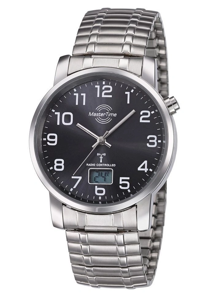 Ein silbernes Herrenarmbanduhr mit schwarzem Zifferblatt und digitaler Anzeige.