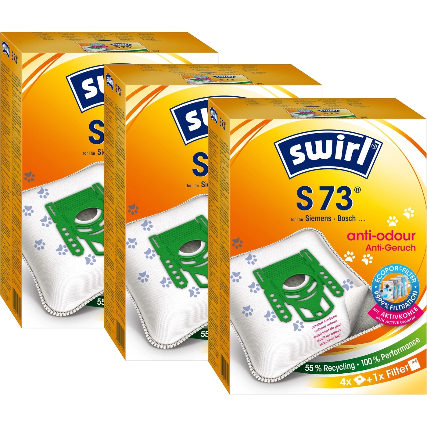 Staubsaugerbeutel Swirl S73, 4+1 Filter, Anti-Geruch, 55% Recycling