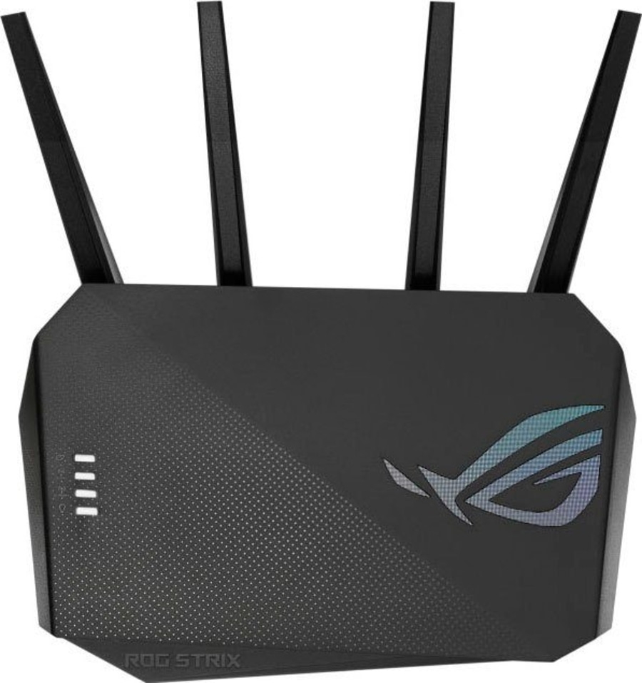 Ein schwarzer Router mit Antennen und einem ROG-Strix-Logo